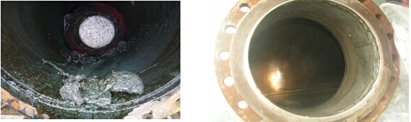 清洗前后對比圖（清洗后的管道光潔如新）